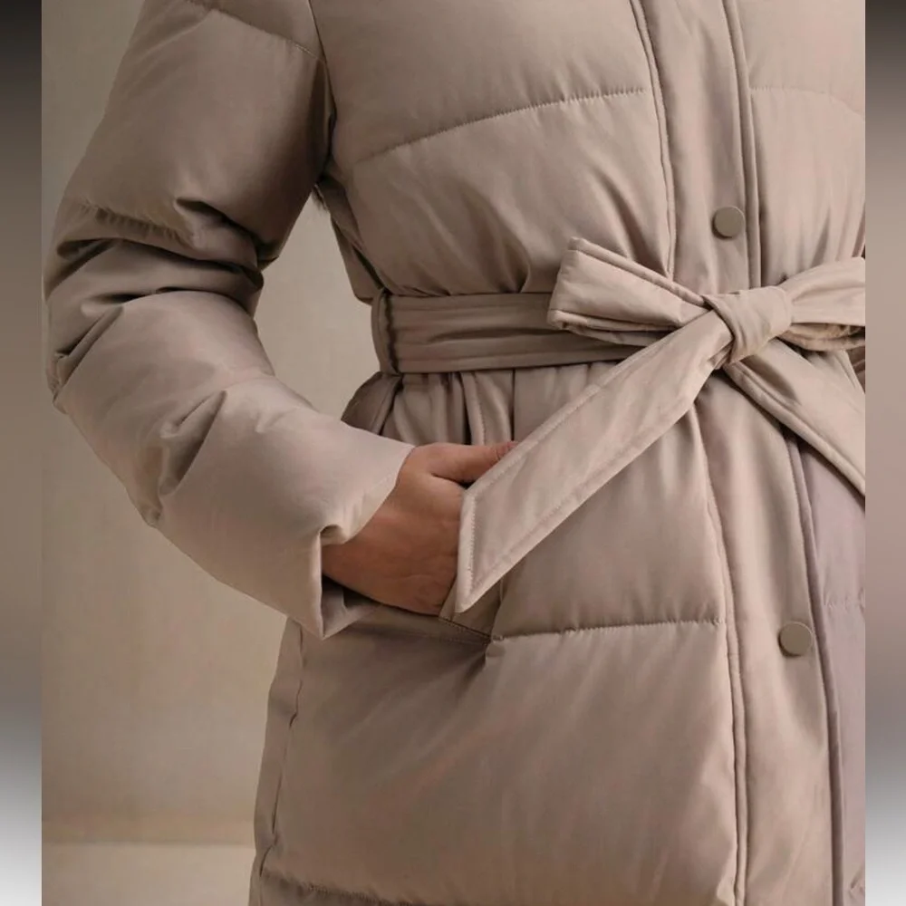 Faux fur lined hooded quilted puffer jacket long full length coat belted black - Picture 10 of 13